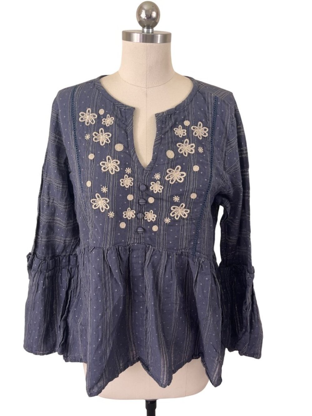 RD Koko Boho-Chic Tunic Top Womens XL Blue Bell Sleeve Embroidered Artsy Peasant